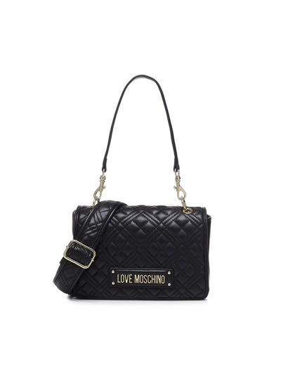 Shop Love Moschino Logo Plaque Quilted Small Shoulder Bag In Black
