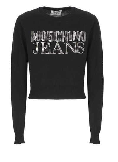 Shop Moschino Jeans Logo Embellished Knitted Jumper In Black