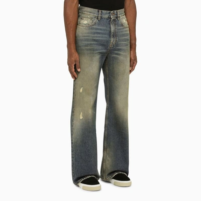 Shop Palm Angels Blue/brown Denim Jeans With Wear In Black