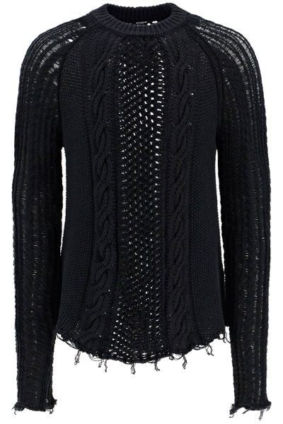 Shop Balmain Distressed Cotton Aran Sweater Men In Black