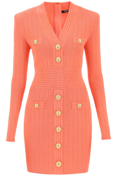 Shop Balmain Knit Minidress With Embossed Buttons Women In Pink