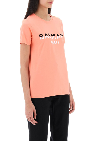 Shop Balmain T-shirt With Flocked Print And Gold-tone Buttons Women In Pink