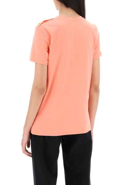 Shop Balmain T-shirt With Flocked Print And Gold-tone Buttons Women In Pink