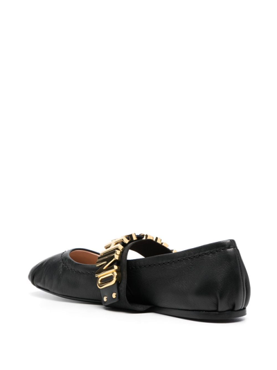 Shop Moschino Logo-lettering Leather Ballerina Shoes In Black