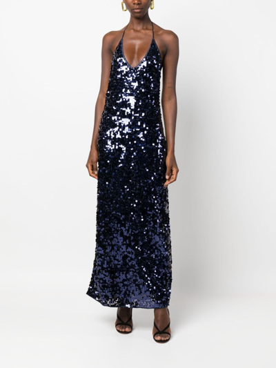 Shop Oseree Sequin Halterneck Maxi Dress In Blue