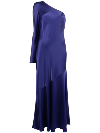 Shop Polo Ralph Lauren Asymmetric Satin-finish Maxi Dress In Blue