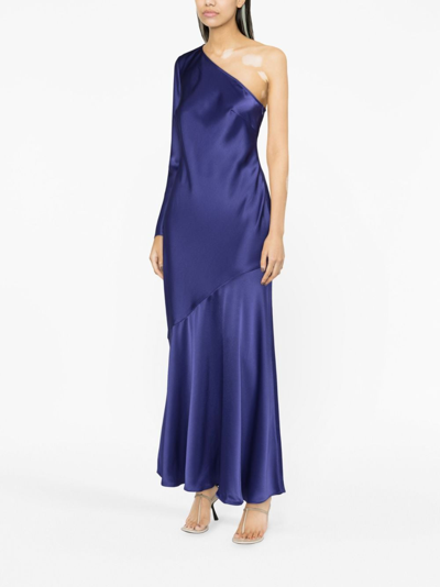 Shop Polo Ralph Lauren Asymmetric Satin-finish Maxi Dress In Blue