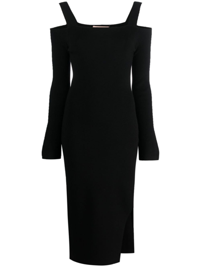 Shop Twinset Drop-shoulder Ribbed-knit Midi Dress In Black