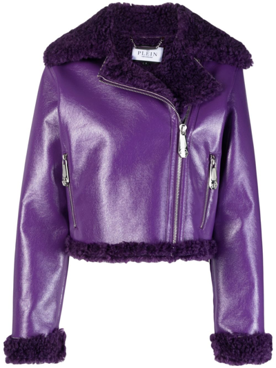 Shop Philipp Plein Faux Shearling-trim Biker Jacket In Purple