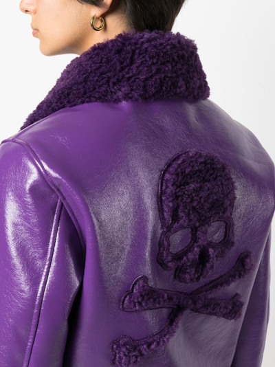 Shop Philipp Plein Faux Shearling-trim Biker Jacket In Purple