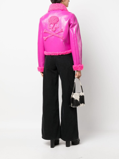 Philipp Plein Shearling-trim Leather Biker Jacket In Pink