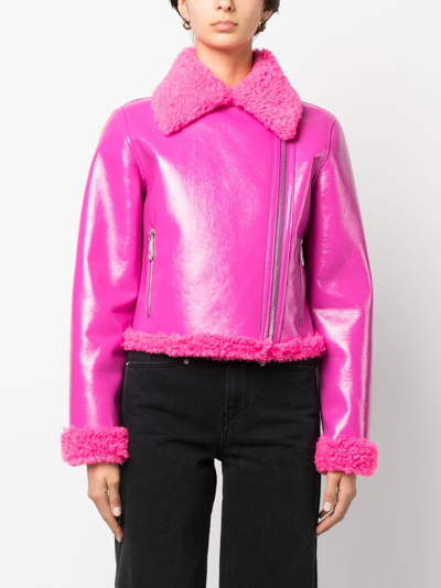 Philipp Plein Shearling-trim Leather Biker Jacket In Pink