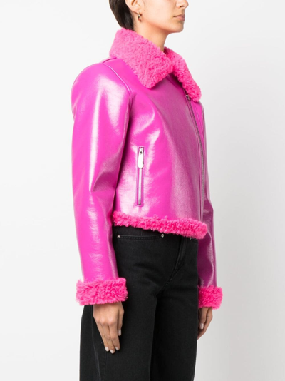 Shop Philipp Plein Faux Shearling-trim Biker Jacket In Pink