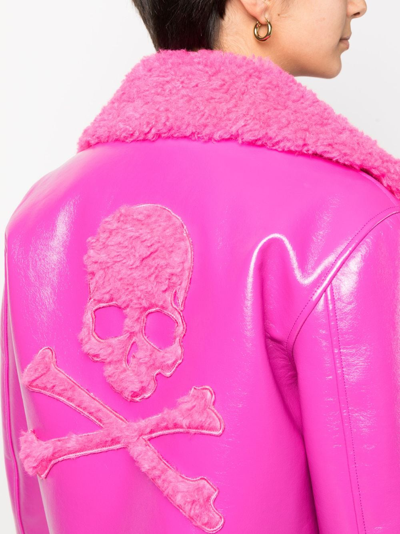 Philipp Plein Shearling-trim Leather Biker Jacket In Pink