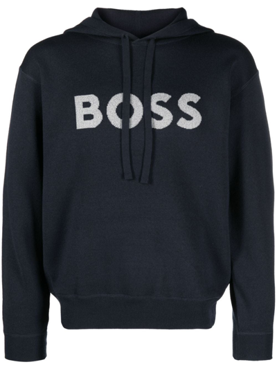 Shop Hugo Boss Logo-embroidered Long-sleeve Hoodie In Blue