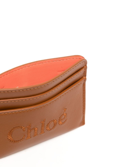Shop Chloé Sense Embroidered-logo Cardholder In Brown