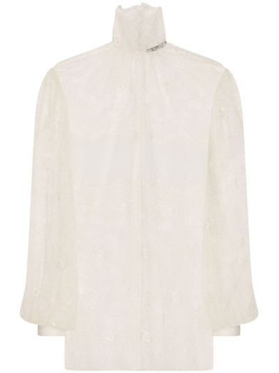 Dolce & Gabbana Sheer-lace Bishop Sleeved Bouse In White