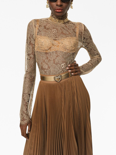 Dolce & Gabbana Sheer-lace High-neck Bouse In Brown