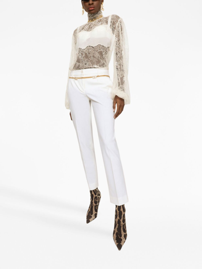 Dolce & Gabbana Sheer-lace Bishop Sleeved Bouse In White