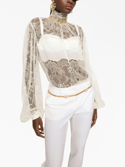 Dolce & Gabbana Sheer-lace Bishop Sleeved Bouse In White
