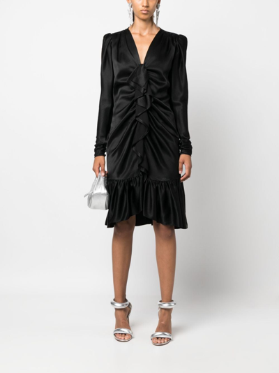 Pre-owned Saint Laurent 1970s Ruffled Front Long-sleeved Silk Dress In Black