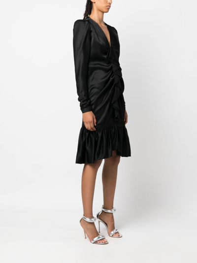 Pre-owned Saint Laurent 1970s Ruffled Front Long-sleeved Silk Dress In Black