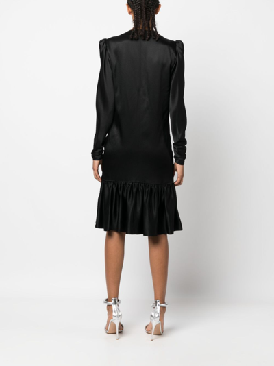 Pre-owned Saint Laurent 1970s Ruffled Front Long-sleeved Silk Dress In Black