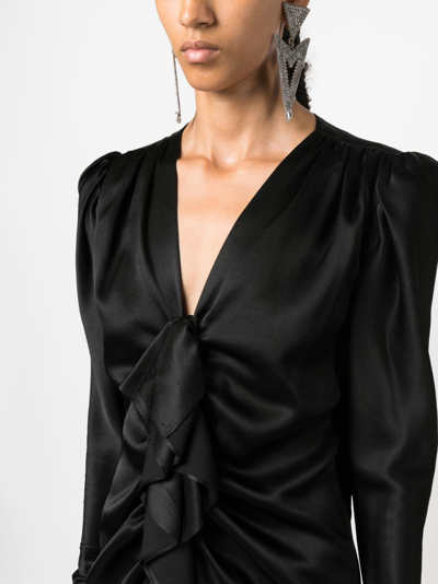 Pre-owned Saint Laurent 1970s Ruffled Front Long-sleeved Silk Dress In Black