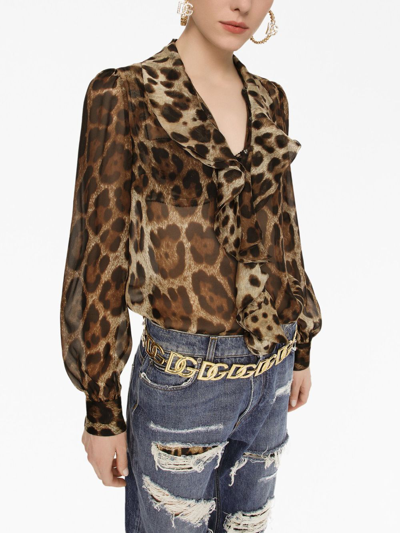 Shop Dolce & Gabbana Leopard-print Silk Blouse In Brown