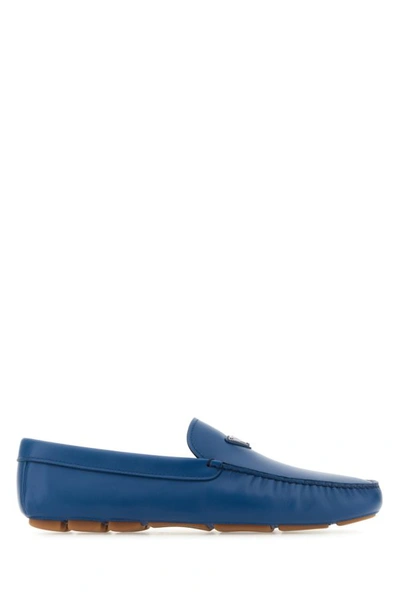 Shop Prada Man Blue Leather Loafers