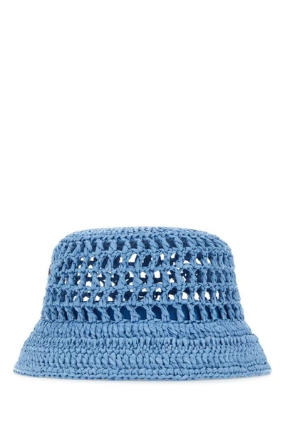 Shop Prada Man Light-blue Rafia Bucket Hat