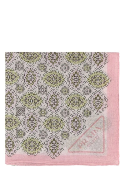 Prada Patterned Cotton Scarf With Fringed Edges In Multicolor