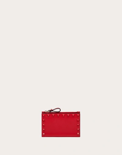 Shop Valentino Garavani Rockstud Calfskin Cardholder With Zip Woman Rouge Pur Uni