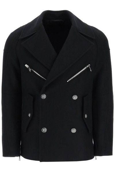 Balmain Short Double-breasted Coat With Branded Buttons in Black