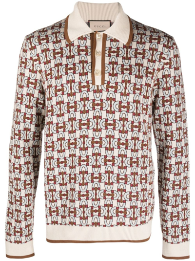 Shop Gucci Brown Horsebit Jacquard Polo Shirt