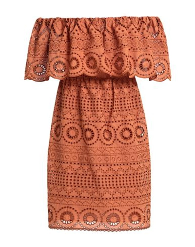 Shop Simona Corsellini Woman Short Dress Tan Size 8 Polyester, Cotton In Brown