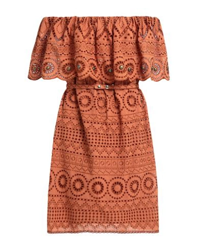 Shop Simona Corsellini Woman Mini Dress Tan Size 10 Polyester, Cotton In Brown