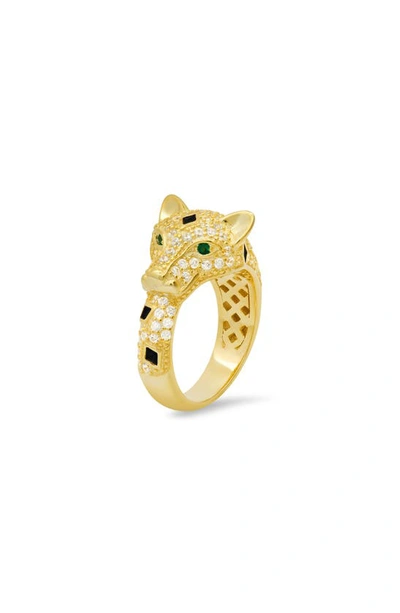 Queen Jewels 14k Gold Plated Sterling Silver Cz Pavé Panther Ring In Gold