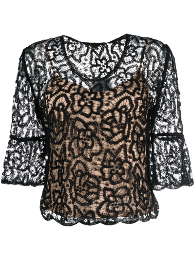 Shop Twinset Guipure-lace Semi-sheer Blouse In Black