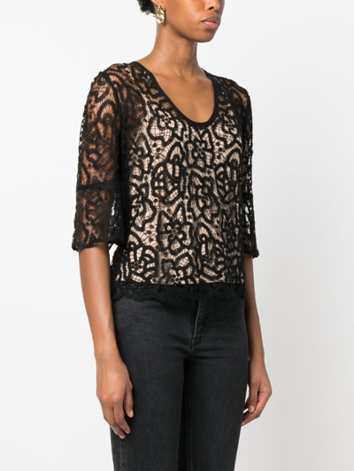 Shop Twinset Guipure-lace Semi-sheer Blouse In Black