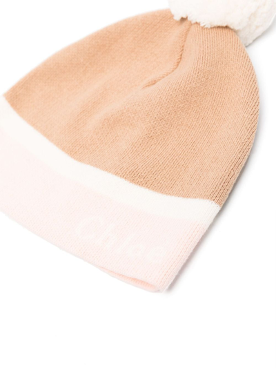 Chloé Three-tone Pompom Beanie In Brown