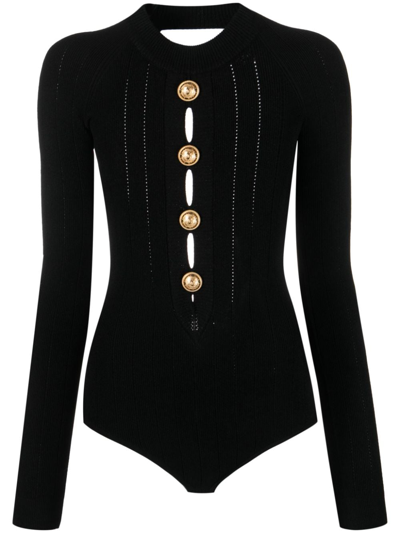 Shop Balmain Button-embellished Knitted Bodysuit In Black