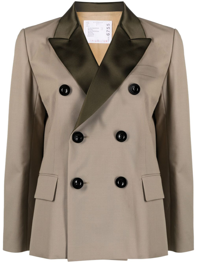 Shop Sacai Pleated Double-breasted Blazer In Neutrals