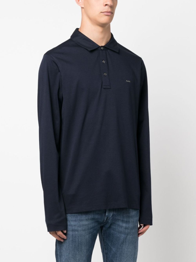 Shop Michael Kors Long-sleeve Cotton Polo Shirt In 401 Midnight
