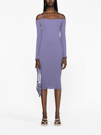Shop Blumarine Off-shoulder Ribbed-knit Dress In Purple