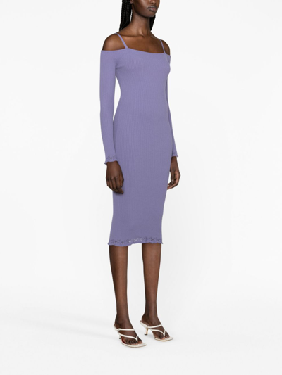 Shop Blumarine Off-shoulder Ribbed-knit Dress In Purple