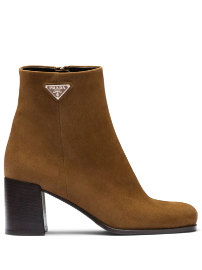 Shop Prada Triangle-logo Suede Boots In Brown