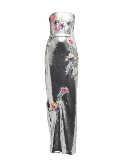 Shop Monique Lhuillier Embroidered Sequin-embellished Dress In Silver