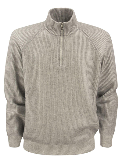 Brunello Cucinelli Ribbed Cashmere Sweater With Half Zip In Grey
