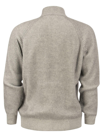 Brunello Cucinelli Ribbed Cashmere Sweater With Half Zip In Grey